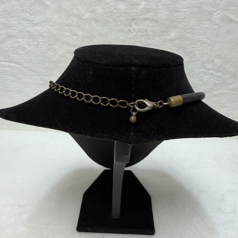 Vintage Brutalist Statement Necklace Black Cabochon Silver‎ Tone Medallion Cord